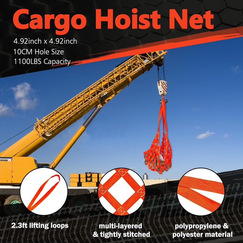 FITHOIST Cargo Lifting Net 1100LBS, 4.92'x4.92' Safety Lifting Net Straps for Hoist 10cm Square Mesh, Sling Hoisting Net, Heavy Duty Cargo Net for Construction Moving Towing Hoisting Loading Unloading - Image 2